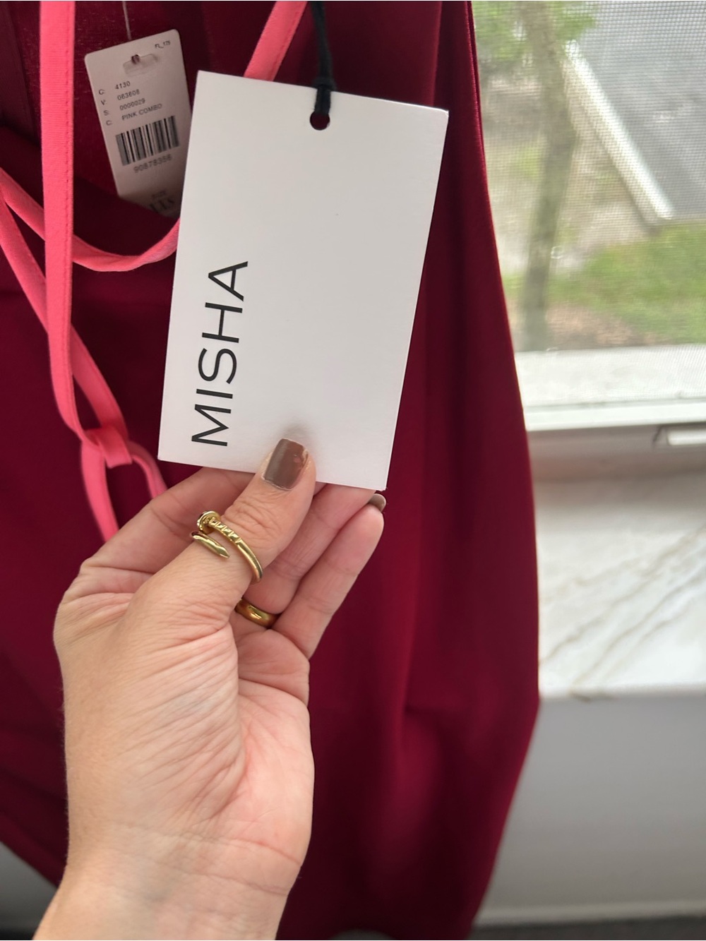 NWT Misha Spaghetti-Strap Burgundy Cutout Maxi Dress with Pink Trim - Picture 4 of 6